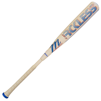 The 2026 Marucci CATX RCKLESS Rewind Composite (-8) USSSA bat features a cream color, blue/red/white graphics, "CAT" and "COMP" on the barrel, wrapped grip, and blue end cap for power hitters.