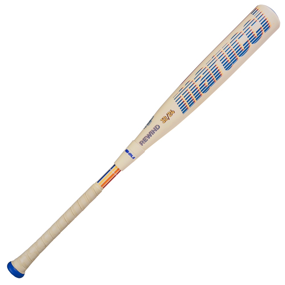 The 2026 Marucci CATX RCKLESS Rewind Composite (-8) USSSA bat features a cream design with blue and gold accents, a composite barrel, wrapped handle, and bold Marucci branding—ideal for power hitters.