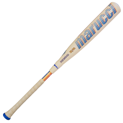 The 2026 Marucci CATX RCKLESS Rewind Composite (-8) USSSA bat features a cream design with blue and gold accents, a composite barrel, wrapped handle, and bold Marucci branding—ideal for power hitters.