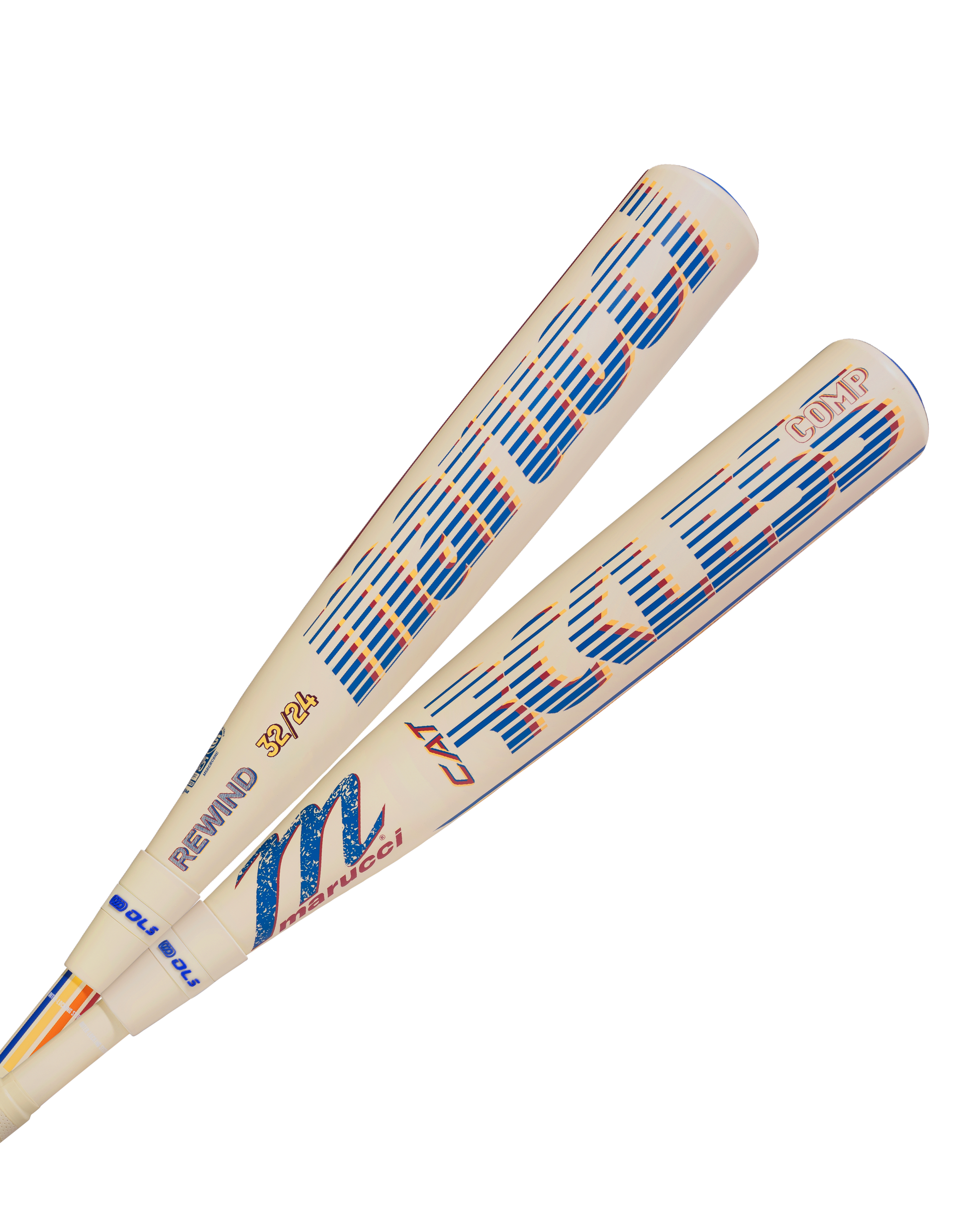 Two white Marucci CATX RCKLESS Rewind Composite (-8) 2 3/4" USSSA baseball bats with blue and orange graphics are crossed on a plain background, showcasing the brand and model—ideal for power hitters.