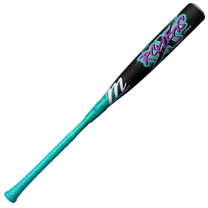 A black and teal 2026 Marucci CAT X RCKLESS Composite (-8) USSSA baseball bat features “Rockets” in vibrant graffiti lettering on the barrel and a teal grip handle.
