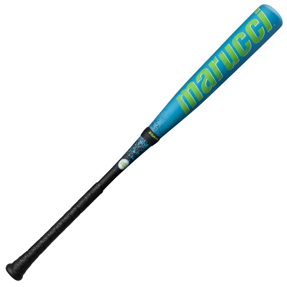 The 2026 Marucci CAT X RCKLESS Hybrid (-5) USA Baseball Bat (MSBCRH5USA) features a blue design with green lettering, black grip, and splatter detail by the handle. Ideal for players who want a standout bat on the field.