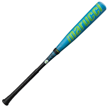The 2026 Marucci CAT X RCKLESS Hybrid (-5) USA Baseball Bat (MSBCRH5USA) features a blue design with green lettering, black grip, and splatter detail by the handle. Ideal for players who want a standout bat on the field.