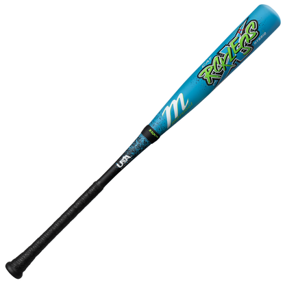 The 2026 Marucci CAT X RCKLESS Hybrid (-5) USA Baseball Bat (MSBCRH5USA) features a blue and black design, bold graffiti-style "Ruckus" by the barrel, white and green accents, a wrapped black grip, and a metallic sheen.