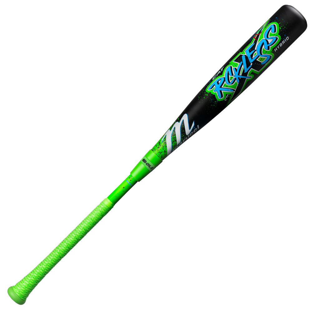 A USSSA baseball bat with a bright green handle, black barrel, neon green and blue Roxer graphics, and a stylized M logo—just like the 2026 Marucci CAT X RCKLESS Hybrid (-5) USSSA Baseball Bat: MSBCRH5 (DEMO) by Marucci.