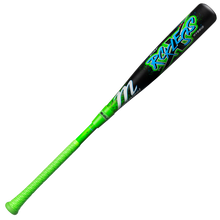 A USSSA baseball bat with a bright green handle, black barrel, neon green and blue Roxer graphics, and a stylized M logo—just like the 2026 Marucci CAT X RCKLESS Hybrid (-5) USSSA Baseball Bat: MSBCRH5 (DEMO) by Marucci.