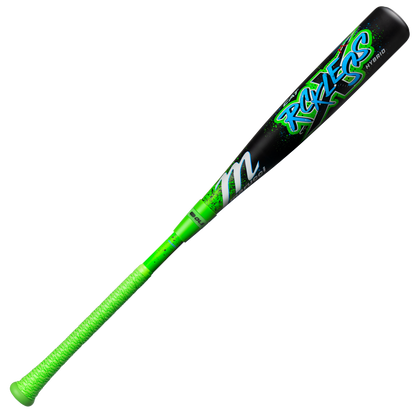 A USSSA baseball bat with a bright green handle, black barrel, neon green and blue Roxer graphics, and a stylized M logo—just like the 2026 Marucci CAT X RCKLESS Hybrid (-5) USSSA Baseball Bat: MSBCRH5 (DEMO) by Marucci.