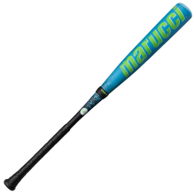 A blue 2026 Marucci CAT X RCKLESS Hybrid (-8) USA Baseball Bat (MSBCRH8USA) features neon green lettering, a black grip handle, and a slightly speckled barrel design.