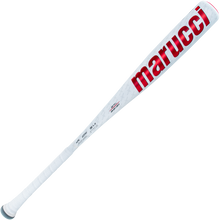 The 2025 Marucci CATX2 (-10) USSSA Baseball Bat (MSBCX210) features a white, one-piece alloy design with anti-vibration technology, a textured grip, and bold marucci branding in red along the barrel.