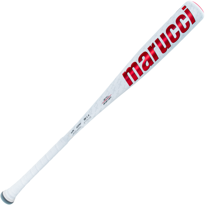 The 2025 Marucci CATX2 (-10) USSSA Baseball Bat (MSBCX210) features a white, one-piece alloy design with anti-vibration technology, a textured grip, and bold marucci branding in red along the barrel.