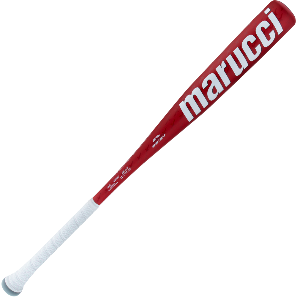 The 2025 Marucci CATX2 (-11) USA Baseball Bat features a red barrel, white handle, bold marucci branding, and Anti-Vibration Technology for comfort.