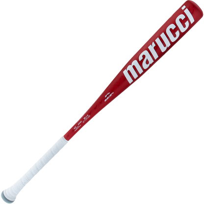 The 2025 Marucci CATX2 (-11) USA Baseball Bat features a red barrel, white handle, bold marucci branding, and Anti-Vibration Technology for comfort.