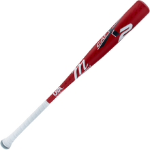 The 2025 Marucci CATX2 (-8) 2 5/8" USA Baseball Bat features a red and white design with a wrapped white handle, the Marucci logo, CATX2 branding, and a one-piece alloy build for top performance.