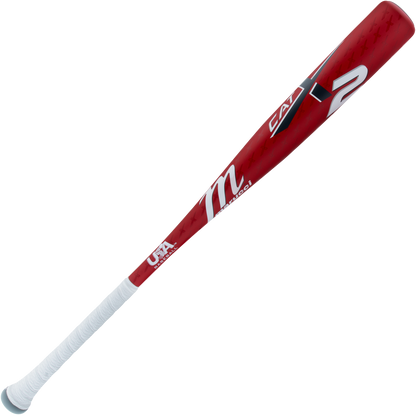 The 2025 Marucci CATX2 (-8) 2 5/8" USA Baseball Bat features a red and white design with a wrapped white handle, the Marucci logo, CATX2 branding, and a one-piece alloy build for top performance.