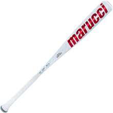 The 2025 Marucci CATX2 (-8) 2 3/4" USSSA Baseball Bat (MSBCX28 DEMO) is shown angled, displaying a white finish, red Marucci branding, a tapered handle with white grip tape, and durable one-piece alloy construction.