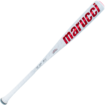 The 2025 Marucci CATX2 (-8) 2 3/4" USSSA Baseball Bat (MSBCX28 DEMO) is shown angled, displaying a white finish, red Marucci branding, a tapered handle with white grip tape, and durable one-piece alloy construction.
