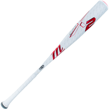 The 2025 Marucci CATX2 (-8) USSSA Baseball Bat (MSBCX28 DEMO) features a white design with red and black accents, “M” and “2” barrel markings, one-piece alloy construction, and a comfortable textured grip.