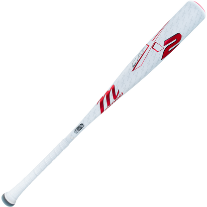 The 2025 Marucci CATX2 (-8) USSSA Baseball Bat (MSBCX28 DEMO) features a white design with red and black accents, “M” and “2” barrel markings, one-piece alloy construction, and a comfortable textured grip.