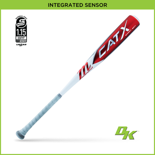 The 2024 Marucci CATX SMART (-5) 2 3/4" USSSA Baseball Bat (MSBCXS5) features a gray grip, red and white barrel, INTEGRATED SENSOR text, Diamond Kinetics compatibility, and logos—all displayed diagonally on a white background.