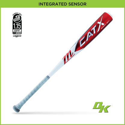 The 2024 Marucci CATX SMART (-5) 2 3/4" USSSA Baseball Bat (MSBCXS5) features a gray grip, red and white barrel, INTEGRATED SENSOR text, Diamond Kinetics compatibility, and logos—all displayed diagonally on a white background.