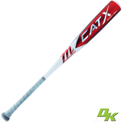 The 2024 Marucci CATX SMART (-5) 2 3/4" USSSA Baseball Bat (MSBCXS5) is shown with a red and white design, gray grip, and a green DK logo in the corner to highlight Diamond Kinetics sensor compatibility.