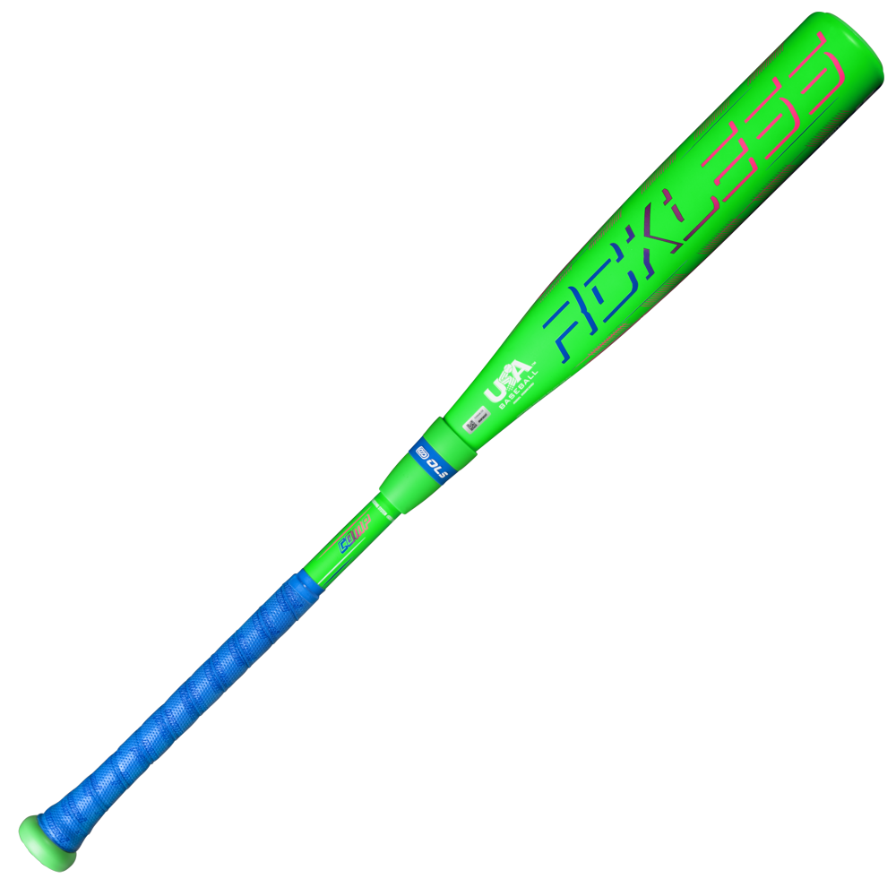 A green and blue Marucci 2027 RCKLESS Gen 2 Composite (-10) USA baseball bat with “RCKLESS” displayed in blue letters and a blue handle grip, featuring a composite barrel engineered for optimal barrel flex, shown on a white background.