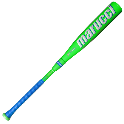 A neon green 2027 Marucci RCKLESS Gen 2 Composite (-10) USA baseball bat featuring a blue grip tape on the handle and “Marucci” in bold white letters along the composite barrel, designed for maximum barrel flex.