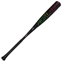A black Marucci 2027 RCKLESS Gen 2 (-10) USSSA baseball bat, crafted from a single piece of alloy with a textured grip and vibrant, neon-style RCKLESS 333 branding on the barrel, features ring-free barrel construction for top performance and is displayed on a white background.