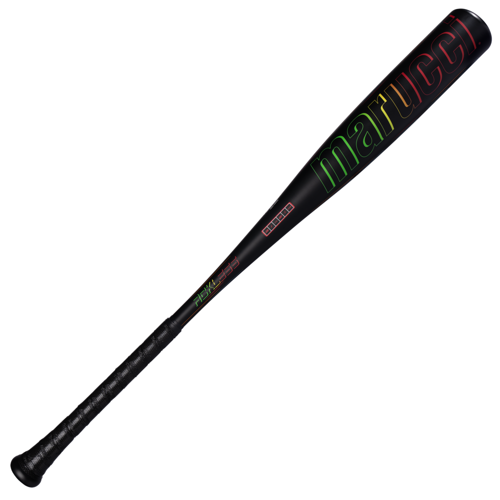 The 2027 Marucci RCKLESS Gen 2 (-10) 2 3/4″ USSSA Baseball Bat (MSBR210) is a black, one-piece alloy bat with “Marucci” in colorful gradient letters on the barrel, featuring ring-free barrel construction and displayed on a white background.