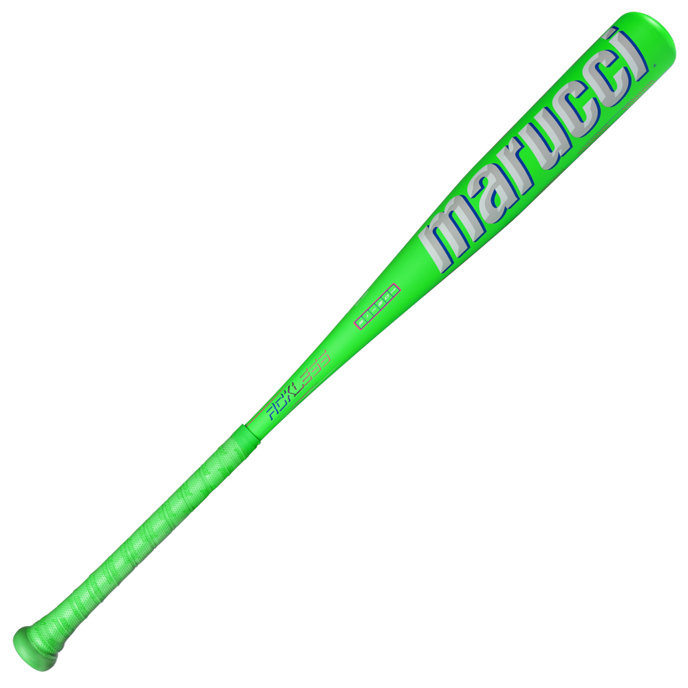 Introducing the 2027 Marucci RCKLESS Gen 2 (-11) 2 5/8″ USA Baseball Bat (MSBR211U), a vibrant green alloy bat from Marucci, boasting bold white Marucci branding along the barrel, grip tape wrapped around the handle, and anti-vibration technology engineered for a more comfortable swing.