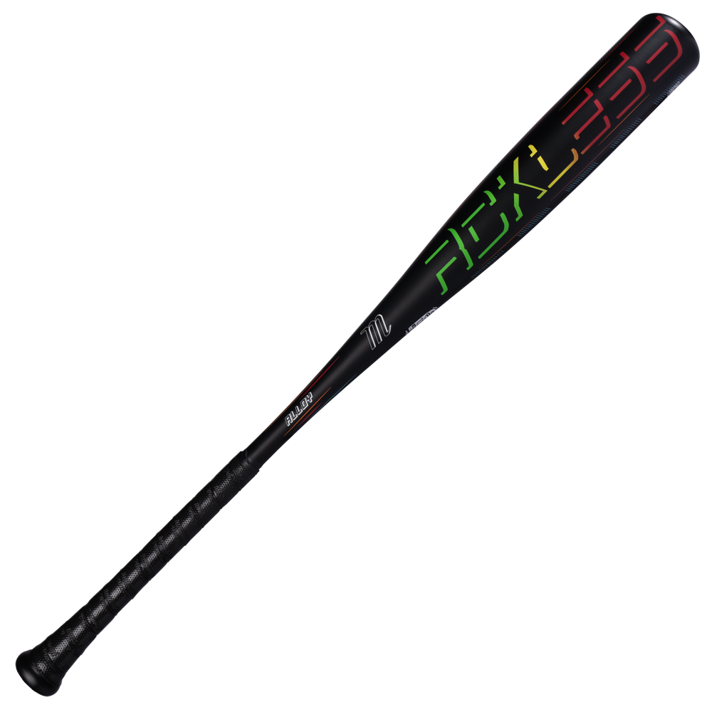 A black Marucci 2027 RCKLESS Gen 2 (-5) USSSA Baseball Bat (model MSBR25), crafted from one-piece alloy with a textured grip and vibrant RCKLESS 333 graphics on the barrel, features anti-vibration technology and is shown against a white background.