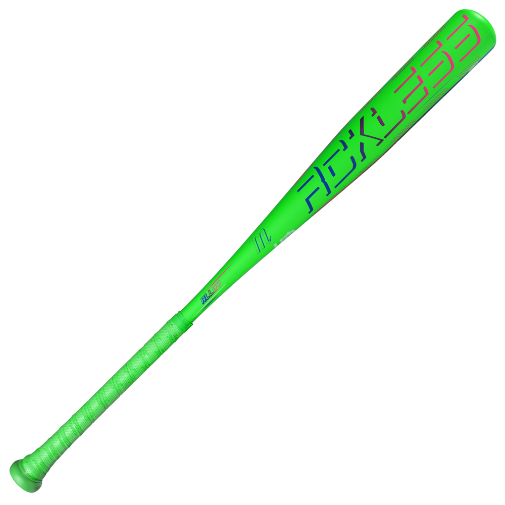 The 2027 Marucci RCKLESS Gen 2 (-8) 2 5/8″ USA Baseball Bat (MSBR28U) by Marucci features a vibrant green alloy barrel with bold blue “RECKLESS” text, anti-vibration technology, and a textured handle grip.