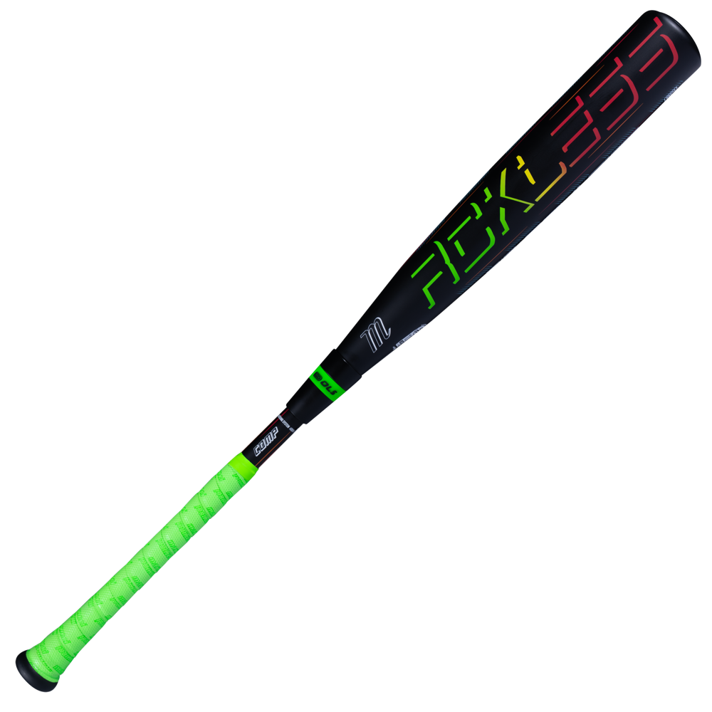 Displayed on a white background, the Marucci 2027 RCKLESS Gen 2 Composite (-8) 2 3/4″ USSSA Baseball Bat (MSBRC28) showcases a bold black design with a neon green grip and colorful graphics on the barrel. Engineered by Marucci for maximum barrel flex and an expanded sweet spot, this bat merges eye-catching style with top-tier performance features.