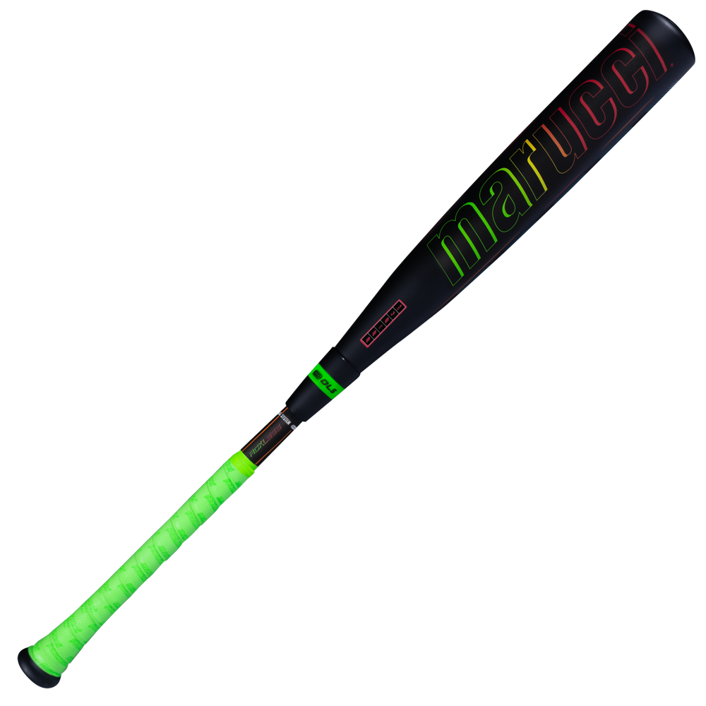 A 2027 Marucci RCKLESS Gen 2 Composite (-8) 2 3/4″ USSSA Baseball Bat (MSBRC28) featuring a black design with neon green branding and a bright green grip, engineered for maximum barrel flex and an enlarged sweet spot, is displayed on a white background.