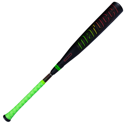 A 2027 Marucci RCKLESS Gen 2 Composite (-8) 2 3/4″ USSSA Baseball Bat (MSBRC28) featuring a black design with neon green branding and a bright green grip, engineered for maximum barrel flex and an enlarged sweet spot, is displayed on a white background.