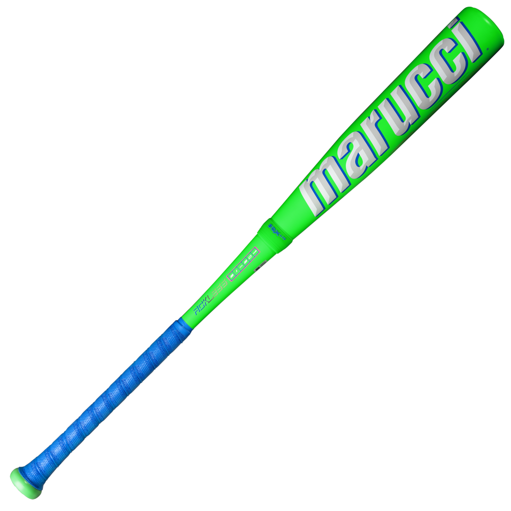A 2027 Marucci RCKLESS Gen 2 Hybrid (-11) 2 5/8″ USA Baseball Bat (MSBRH211U) in green, featuring blue grip tape on the handle, large white “marucci” lettering along the barrel, and a Ring-Free Barrel Construction, is displayed on a white background.