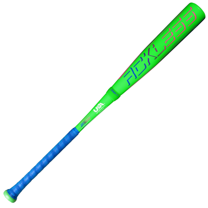 A Marucci 2027 RCKLESS Gen 2 Hybrid (-8) 2 5/8″ USA Baseball Bat (MSBRH28U) is displayed on a white background, featuring a neon green barrel with bold purple “RECKLESS” lettering, blue handle tape, and Ring-Free Barrel Construction.