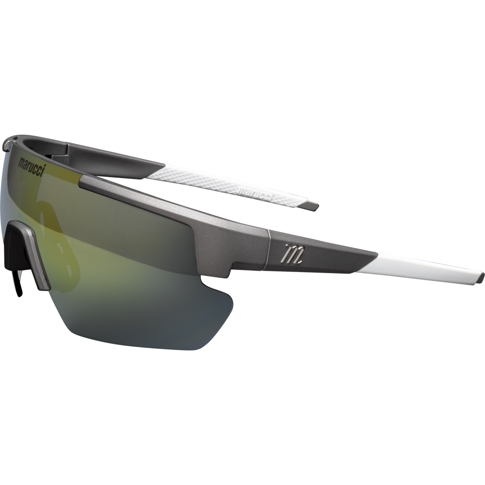 The Marucci Youth Shield 2.0 Performance Sunglasses (MSNVSHIELDY2) feature a sleek, futuristic metallic gray frame with white arms, large wraparound lenses, Marucci branding on the left arm, and an M logo for ultimate performance.