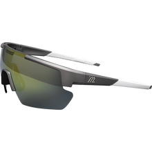 The Marucci Youth Shield 2.0 Performance Sunglasses (MSNVSHIELDY2) feature a sleek, futuristic metallic gray frame with white arms, large wraparound lenses, Marucci branding on the left arm, and an M logo for ultimate performance.