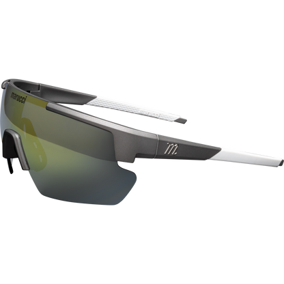 The Marucci Youth Shield 2.0 Performance Sunglasses (MSNVSHIELDY2) feature a sleek, futuristic metallic gray frame with white arms, large wraparound lenses, Marucci branding on the left arm, and an M logo for ultimate performance.