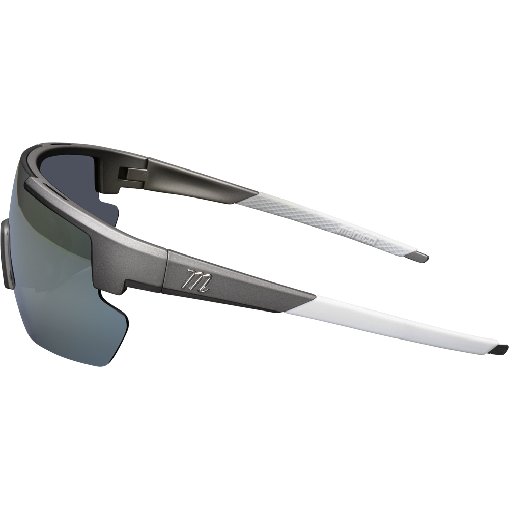 The Marucci Shield 2.0 Performance Sunglasses (MSNVSHIELD2) feature a matte black frame, white arms, and blue-tinted semi-rimless Carl Zeiss Vision lenses, shown on a plain white background.