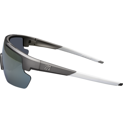 The Marucci Youth Shield 2.0 Performance Sunglasses (MSNVSHIELDY2) feature a sporty black and white frame, semi-rimless dark tinted lenses, and sleek angular design with Carl Zeiss Vision optics—shown side view on a white background.