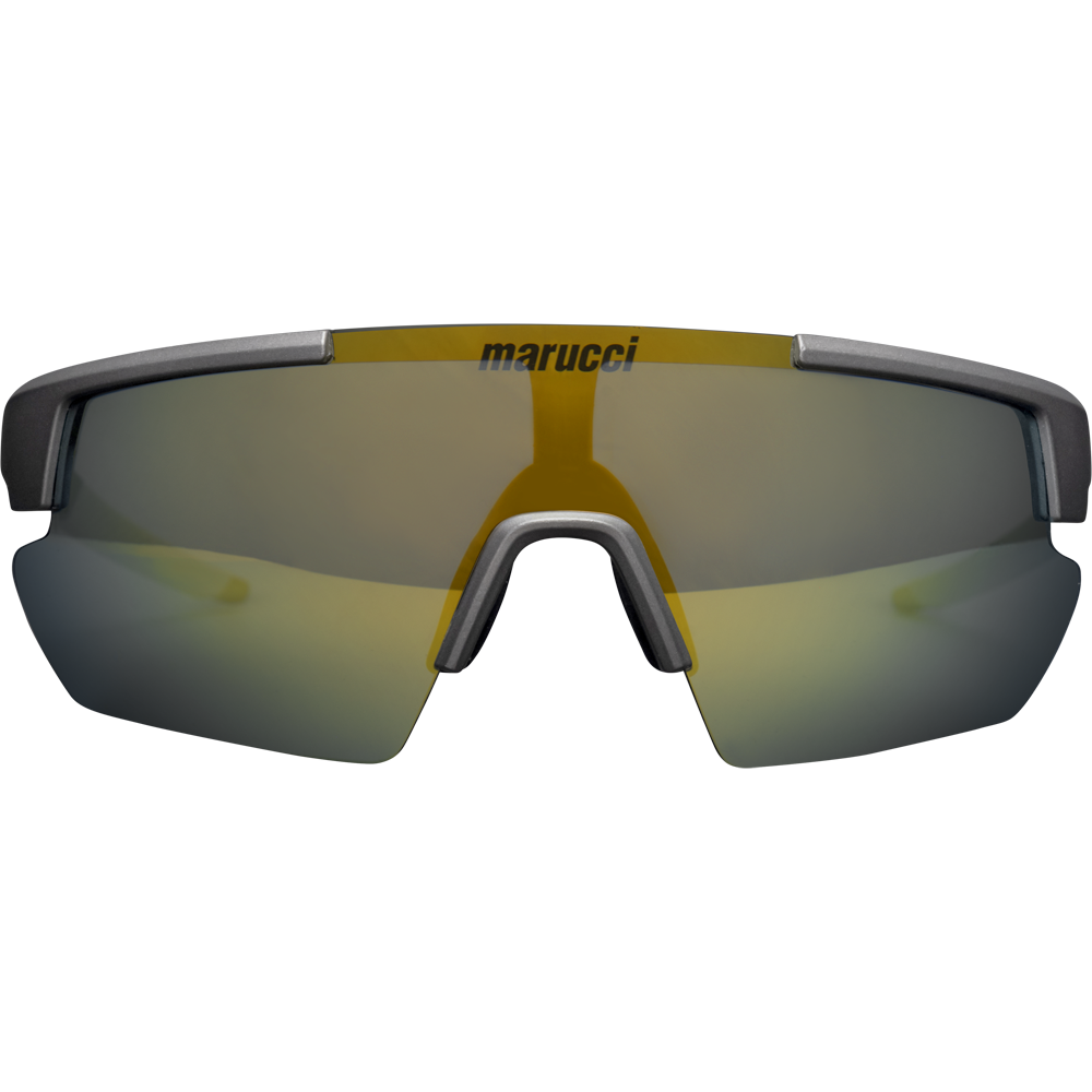 The Marucci Youth Shield 2.0 Performance Sunglasses (MSNVSHIELDY2) feature a dark gray, sporty wraparound frame with yellow-tinted mirrored lenses and the Marucci logo at the top center—perfect on-field eyewear for young athletes.