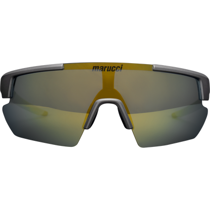 The Marucci Youth Shield 2.0 Performance Sunglasses (MSNVSHIELDY2) feature a dark gray, sporty wraparound frame with yellow-tinted mirrored lenses and the Marucci logo at the top center—perfect on-field eyewear for young athletes.