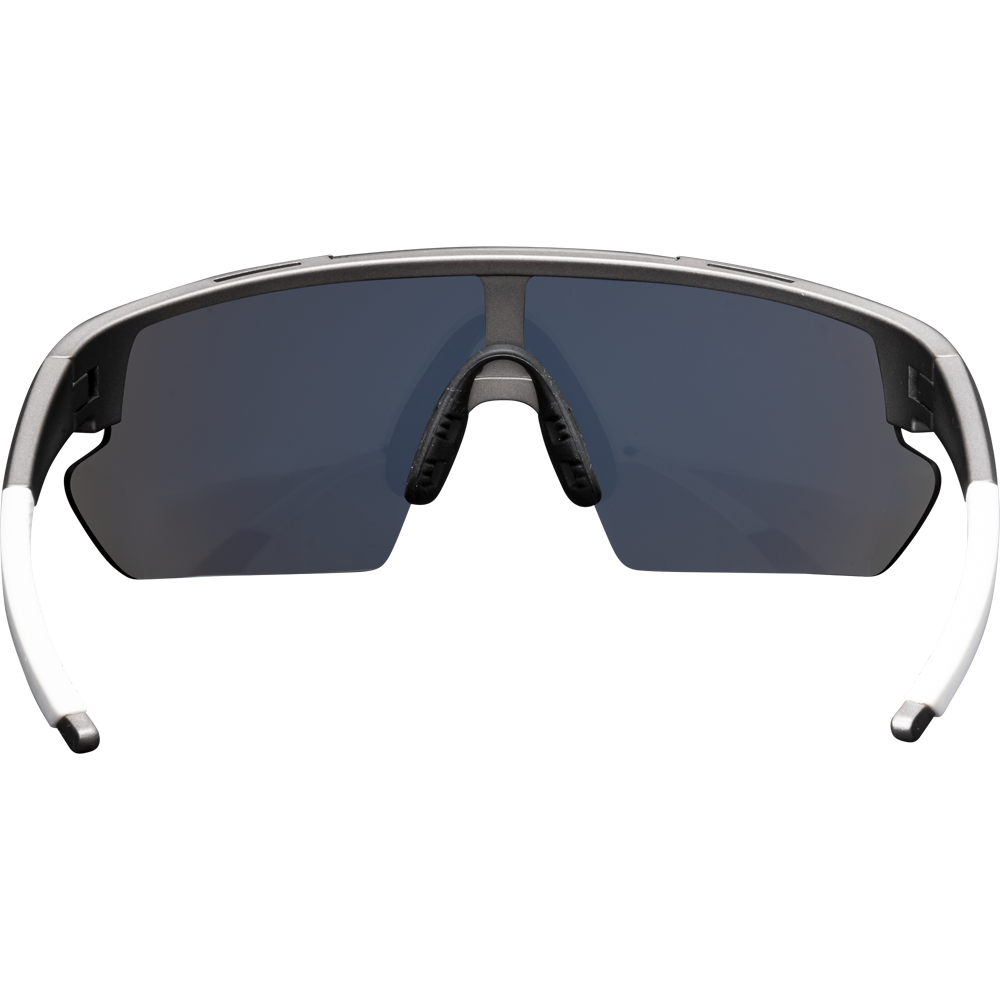 The Marucci Youth Shield 2.0 Performance Sunglasses (MSNVSHIELDY2) feature a sporty black wraparound frame, large dark lenses, and white-tipped arms. Shown front-facing on a plain background, they're ideal for active youth and offer superior clarity.