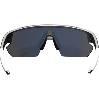 The Marucci Youth Shield 2.0 Performance Sunglasses (MSNVSHIELDY2) feature a sporty black wraparound frame, large dark lenses, and white-tipped arms. Shown front-facing on a plain background, they're ideal for active youth and offer superior clarity.