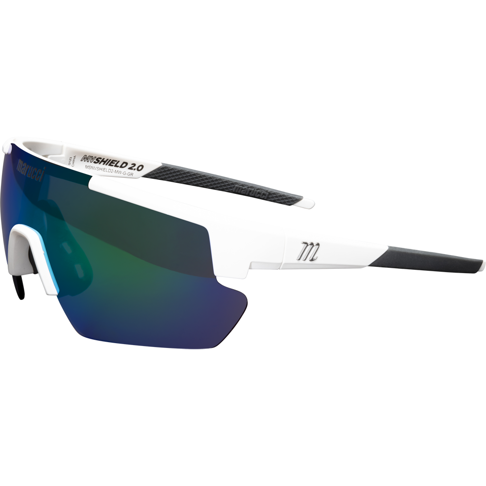 The Marucci Shield 2.0 Performance Sunglasses (MSNVSHIELD2) feature a sporty white frame, a Carl Zeiss Vision blue-green mirrored shield lens, black rubberized temple tips, and a 722 logo—ideal for athletic or cycling use.