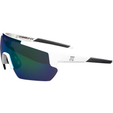 The Marucci Shield 2.0 Performance Sunglasses (MSNVSHIELD2) feature a sporty white frame, a Carl Zeiss Vision blue-green mirrored shield lens, black rubberized temple tips, and a 722 logo—ideal for athletic or cycling use.