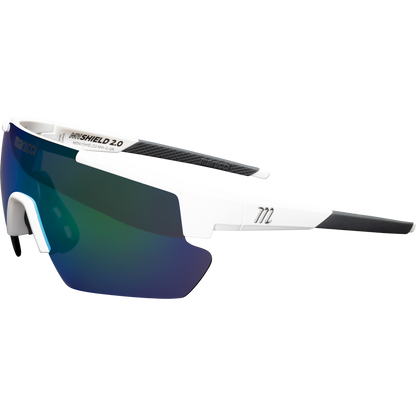 The Marucci Shield 2.0 Performance Sunglasses (MSNVSHIELD2) feature a sporty white frame, a Carl Zeiss Vision blue-green mirrored shield lens, black rubberized temple tips, and a 722 logo—ideal for athletic or cycling use.