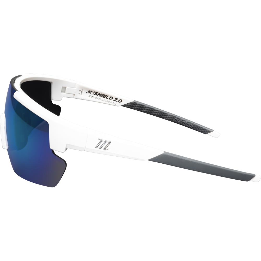 The Marucci Shield 2.0 Performance Sunglasses (MSNVSHIELD2) are sporty white shades with blue mirrored lenses, gray rubberized temple tips, and an M logo on the arm, shown against a plain light background.